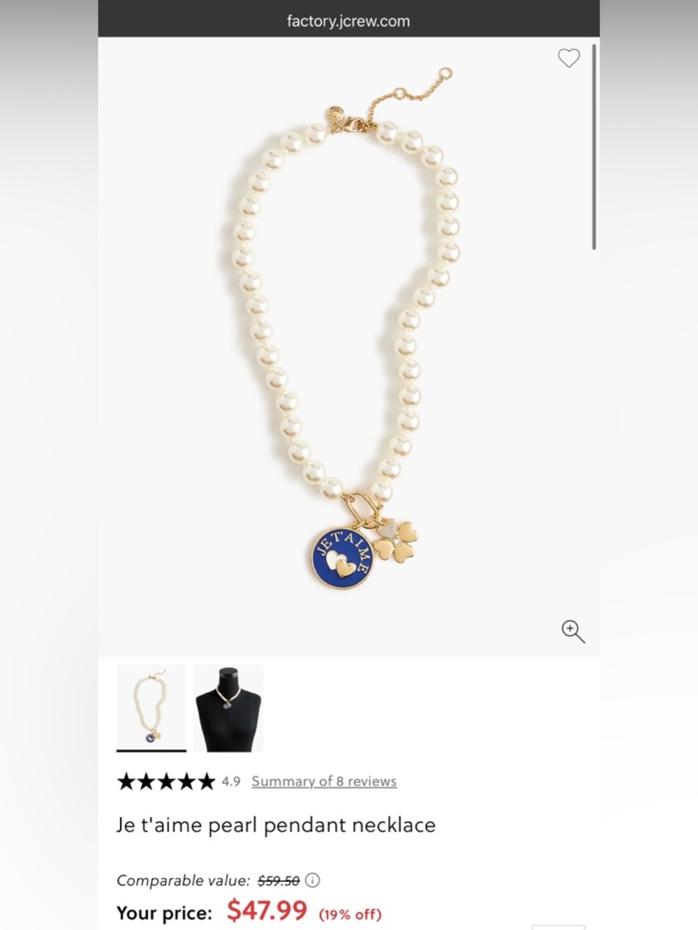 NWT J. Crew Factory “Je t'aime” pearl pendant necklace - Picture 4 of 6